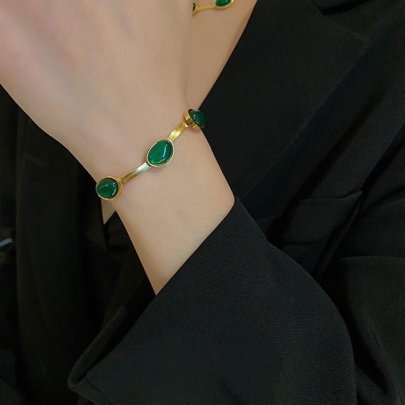 Oval Green Crystal Pendant Necklace Set With Bracelet 📿